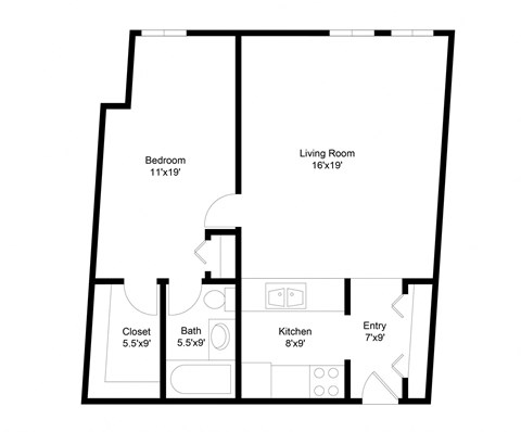 Floor plan for 1 bed, 1 bath, 760 sqft